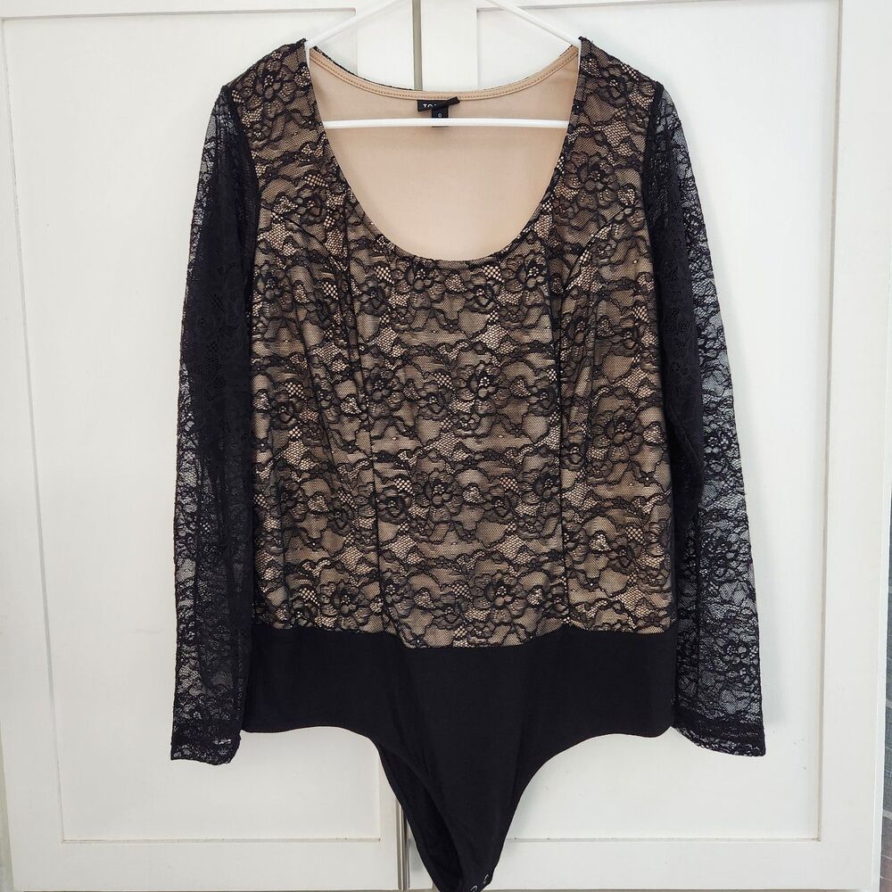 Torrid Women Large 0 Stretch Black Lace Scoop Neck Bodysuit Sheer Long Sleeves